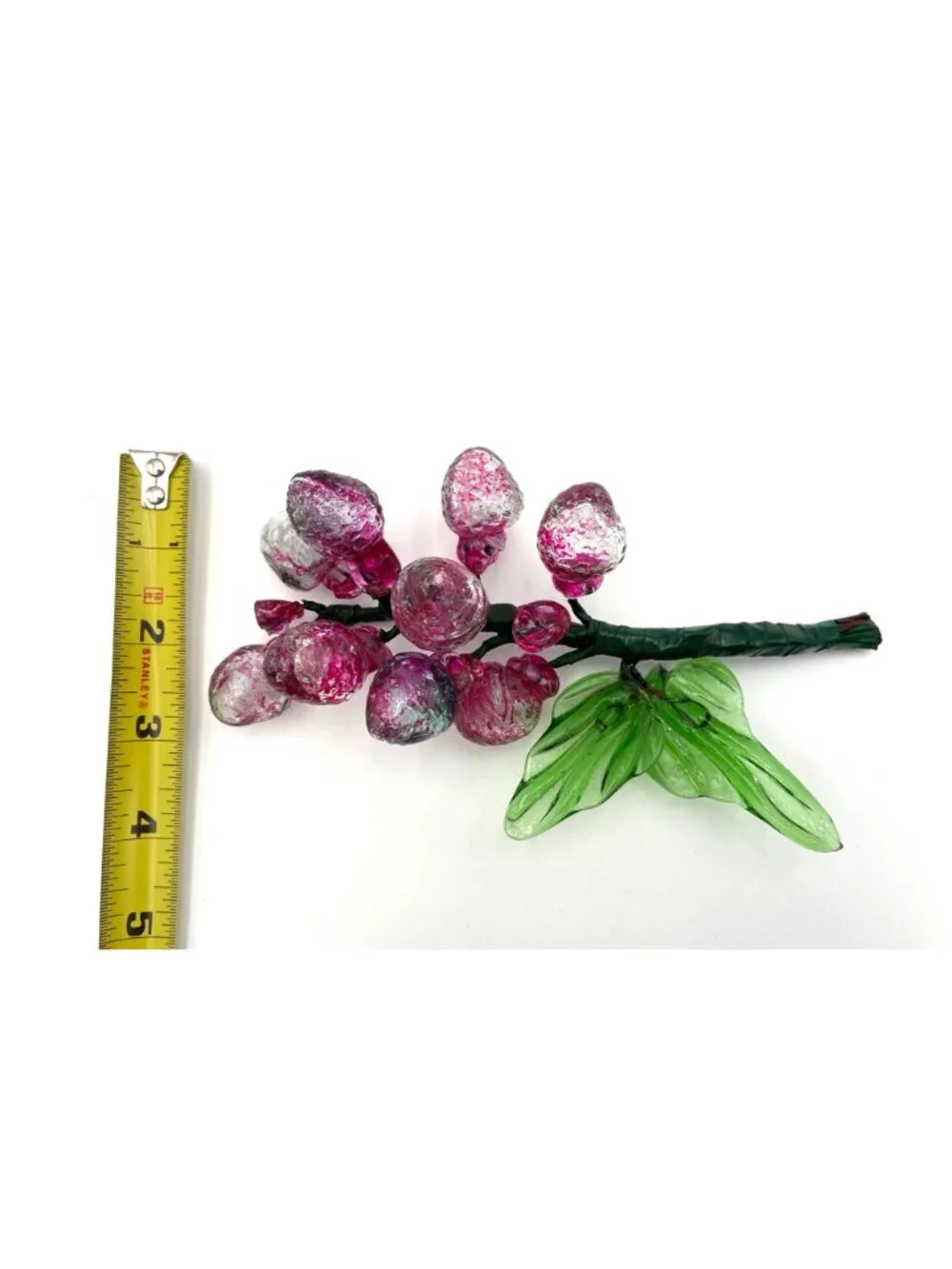 Vintage Handblown Glass Grape Cluster With Green Leaves Pink & Clear Decorative